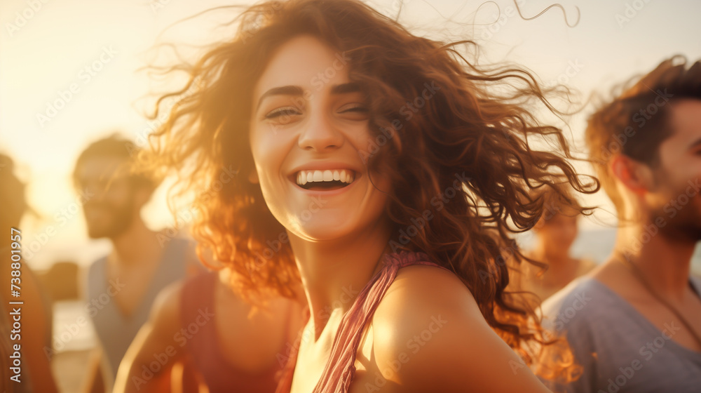 Young woman having fun with her friends on the beach Young woman having fun with her friends on the beach