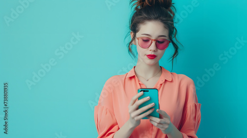 Tentação das Mensagens: Uma bela jovem se comunicando via mensagem de texto em seu telefone, com uma parede azul de fundo photo
