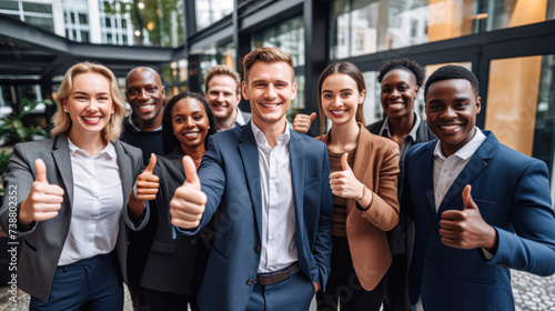 Enthusiastic diverse team in formal attire giving thumbs up in an office setting