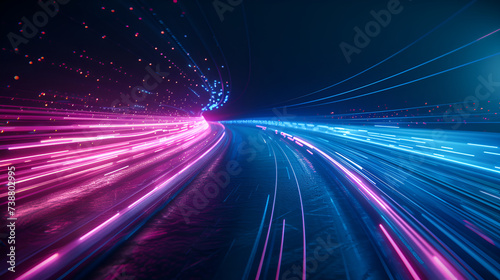 Futuristic neon sci-fi tunnel with glowing neon lights and glowing lines,Fast underground subway train racing through the tunnels. Neon pink and blue light 