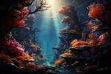 a colorful coral reef in the ocean with the sun shining through the water