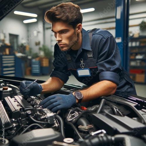 professional garage, a mechanic, donned in a dark blue uniform complete with a name tag, meticulously works on a car engine © Riz