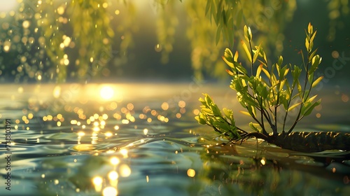 Close-up of a willow tree sprouting by the lake and the sunlight shining on the lake surface photo