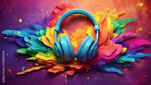 World Music Day banner with headphones on an abstract background of rainbow dust. The colorful design of musical instruments and the Music Day event photo