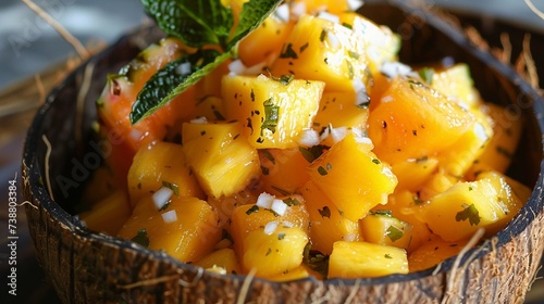 A tropical fruit salad featuring diced mangoes, pineapple, and papaya, served in a coconut shell for a delightful presentation