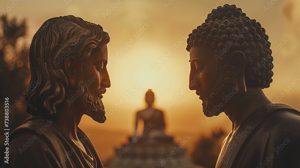 A harmonious exchange between Jesus and Buddha exploring the similarities and differences in their philosophies and teachings - obrazy, fototapety, plakaty 