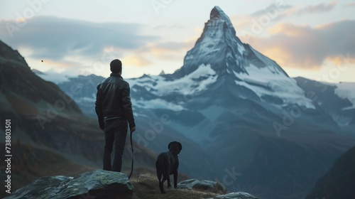 The Matterhorn under evening hues a dog in a leather jacket amidst religious serenity