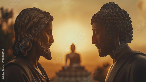 A harmonious exchange between Jesus and Buddha exploring the similarities and differences in their philosophies and teachings photo