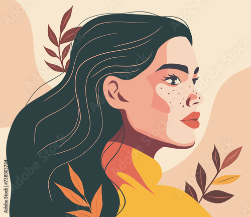 Abstract vector portrait of a beautiful girl. Beautiful card for Women's Day. Dnvushka on a soft pastel background. Vector flat illustration