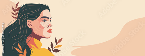 Abstract vector banner place for text portrait of a beautiful girl. Beautiful card for Women's Day. Dnushka on a soft pastel background. Vector flat illustration