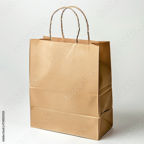 One Paper bag for shopping, gifts and food bag minimalist design. Brown kraft paper or cardboard bag with handles. Shopping conceptual trendy. Light, white background. Eco, recycle