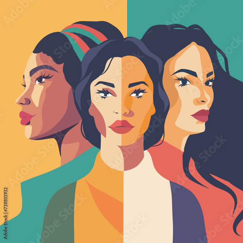 Vector flat banner for International Women's Day, women of different nationalities standing together. Concept of the movement for gender equality and women's empowerment