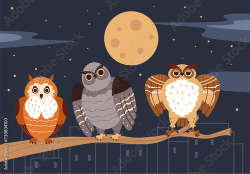 Owl bird night sitting on branch dark city concept. Vector flat graphic design illustration