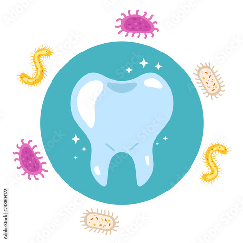 Tooth character in protective bubble. Germs characters attack. Vector flat cartoon illustration