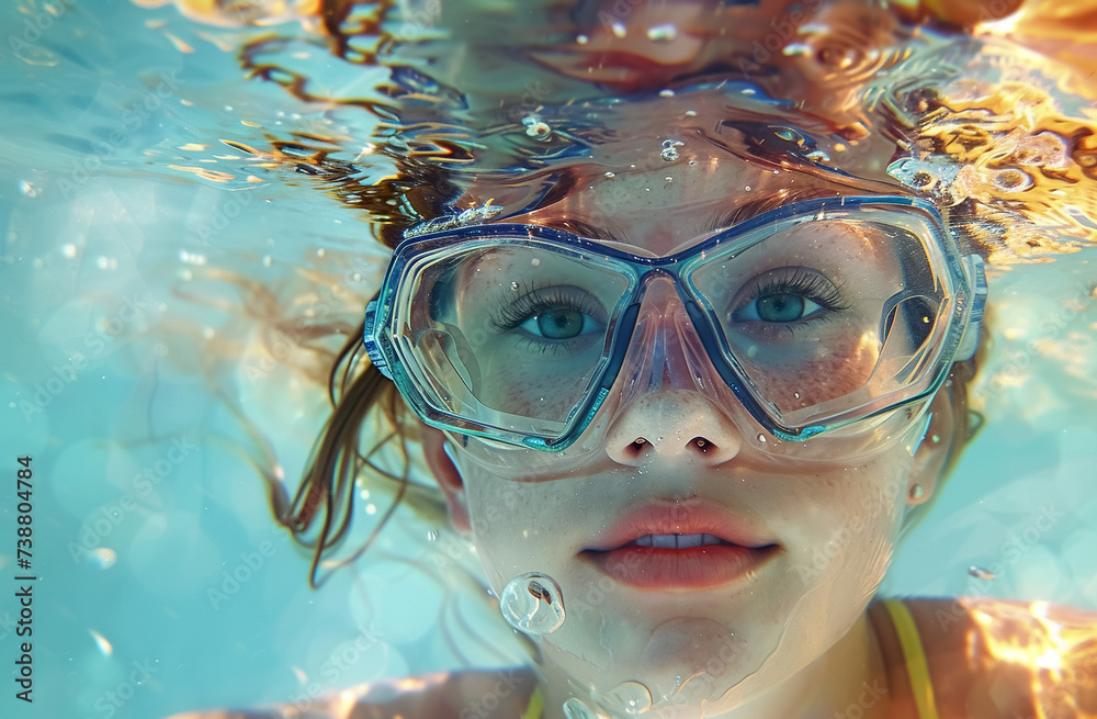 Naklejka premium happy kid at swimming goggles have fun underwater, cheerful girl bathing in pool or sea