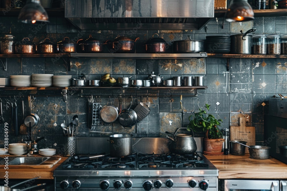 Front view of a modern kitchen worktop in a dark elegant kitchen with homemade cooking utensils on it, home healthy kitchen concept banner