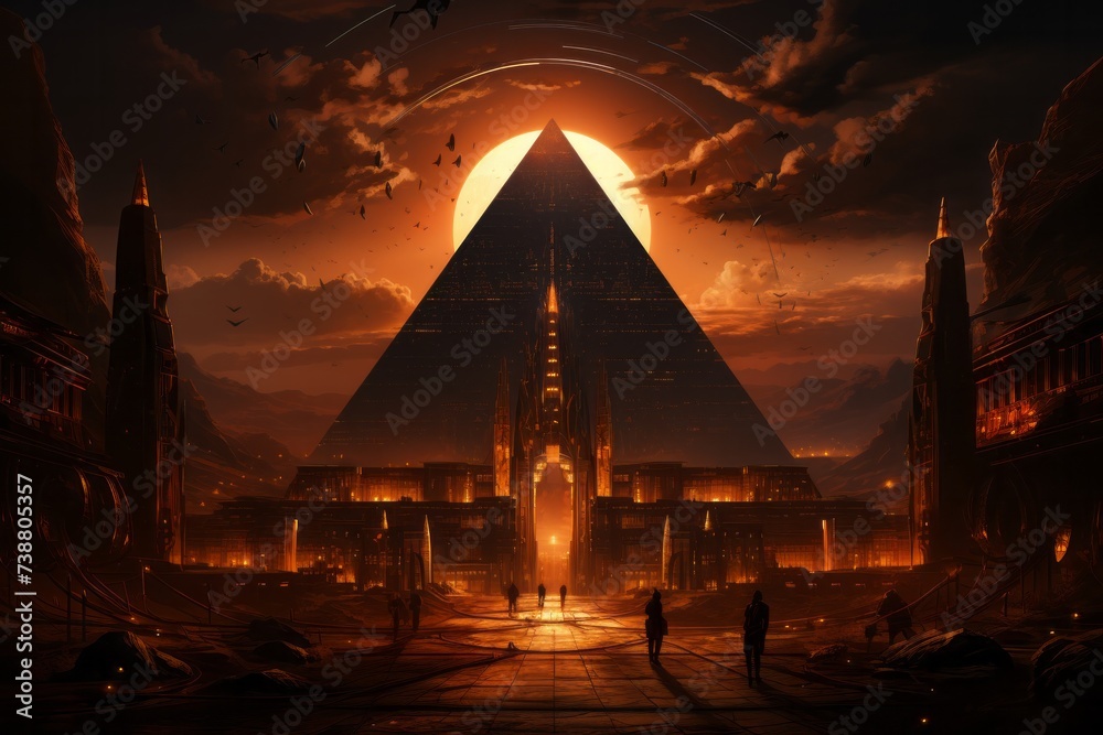 a large pyramid is lit up at night with a large sun behind it - obrazy, fototapety, plakaty 