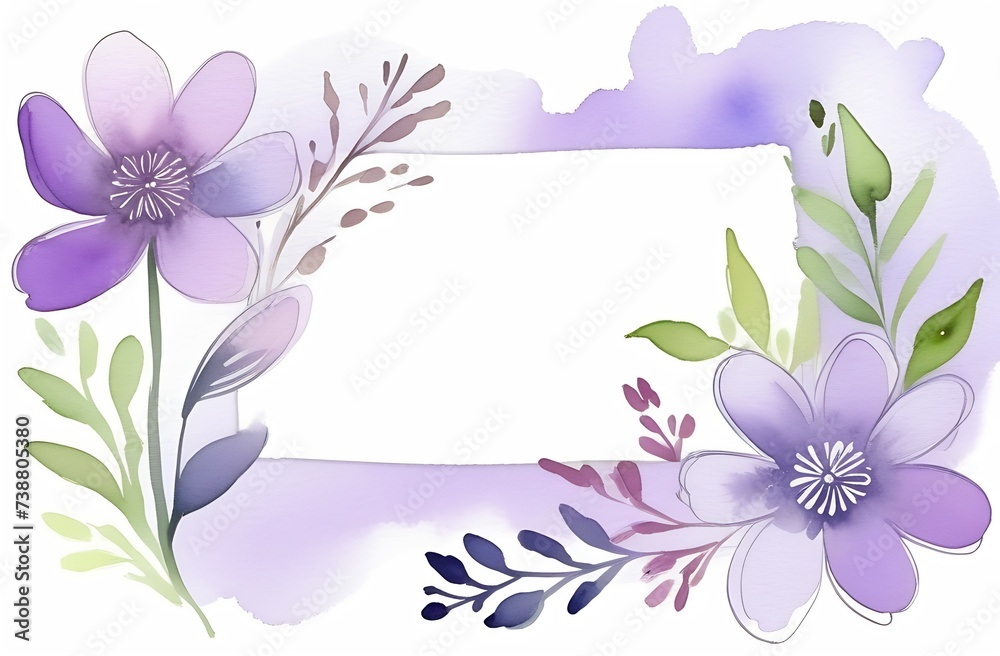 A watercolor style artistic frame with soft purple flowers and green foliage. Ideal for invitations, card design, and other creative projects