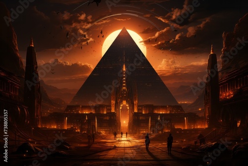 a large pyramid is lit up at night with a large sun behind it