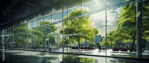 Green trees in office complex and greenery. Generative AI