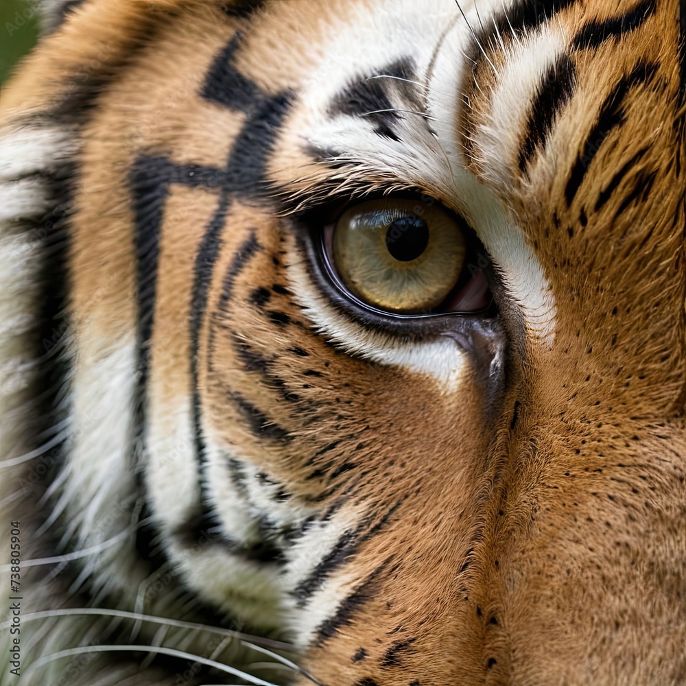 Tiger face close-up, natural habitat, daylight. Detailed fur patterns, intense eyes visible, wildlife beauty