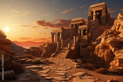 a 3d rendering of an ancient city in the desert at sunset