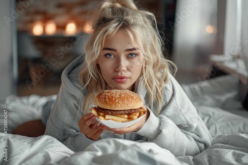 A young woman indulges in the savory and irresistible flavors of an american burger  savoring each bite of the juicy patty nestled between two soft buns  surrounded by the comforting ambiance of an i