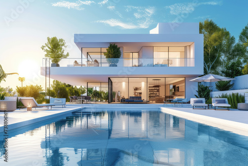 Modern luxury backyard with swimming pool in new white house © Sarinrata