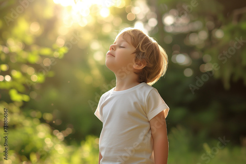 Obraz na płótnie a child takes deep breath fresh air in the field of meadow and forest, nature and environment generative Ai w salonie