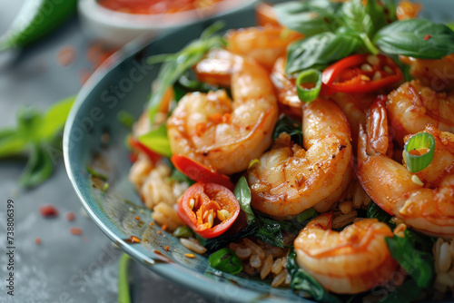 Rice topped with stir fried basil with shrimp​ thai food