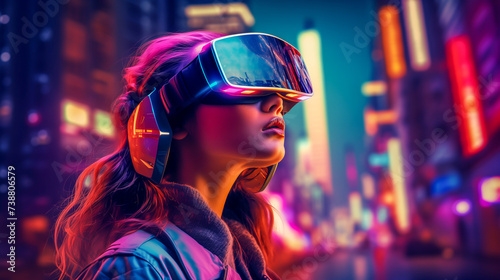 Portrait of young girl wearing virtual reality vr glasses