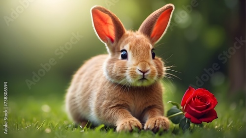 close-up of a charming, happy rabbit on verdant grass holding a red rose in her hands in celebration of Valentine's Day, warm, pleasant soft lighting, spectacular sun, © Qazi Sanawer