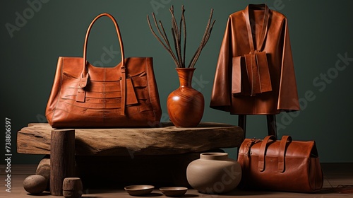 a group of brown leather bags and vases © VSTOCK
