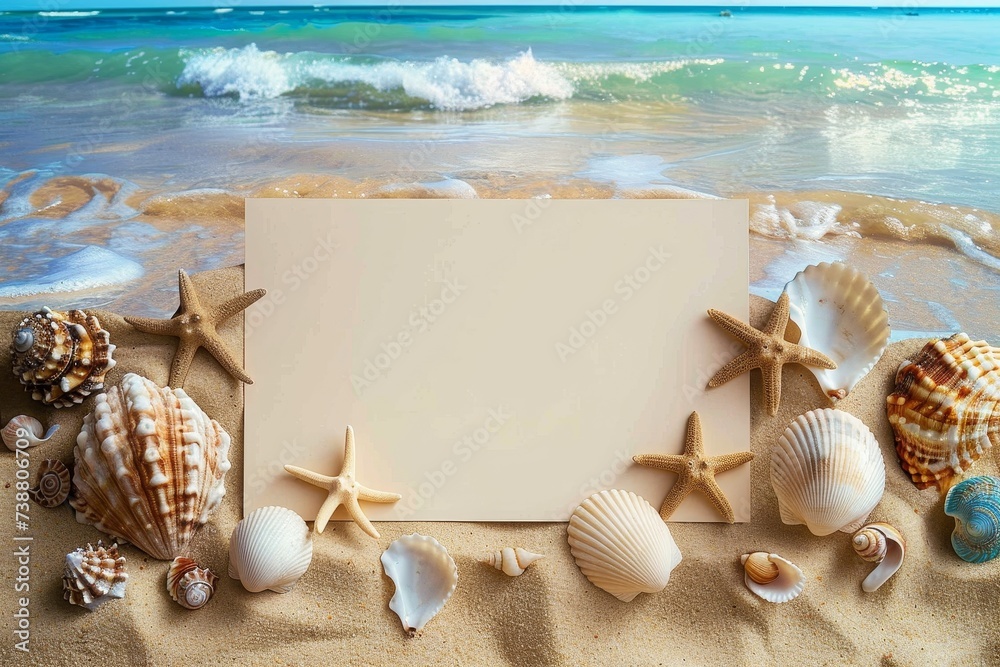 Mesmerizing scene of ocean's treasures scattered upon sandy beach, showcasing the intricate beauty of shells and starfishes