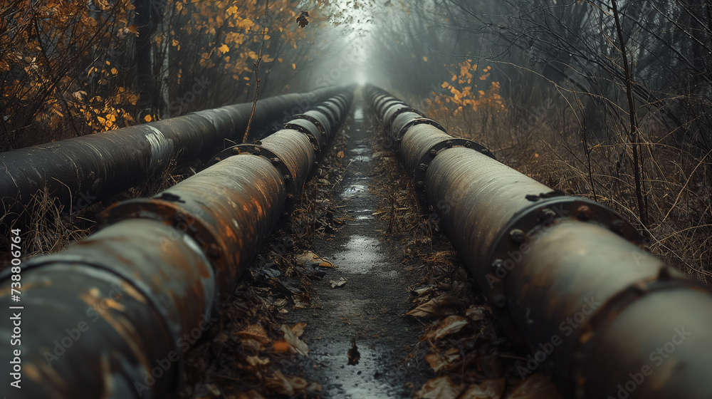 the heating main is located in an autumn forest , on a rainy cloudy day the heating main is located in an autumn forest , on a rainy cloudy day