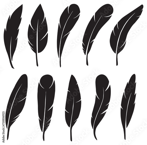 Set of black feather vector icons. Bird feather, Plume, pen feather, quill pen silhouette on white. fluffy feathers logo set icon realistic art style. Detailed majestic feather twirl sketch collection photo