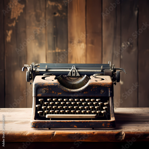 A vintage typewriter on a rustic wooden desk.