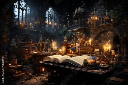An open book is placed on a table in a dimly lit room with flickering candles
