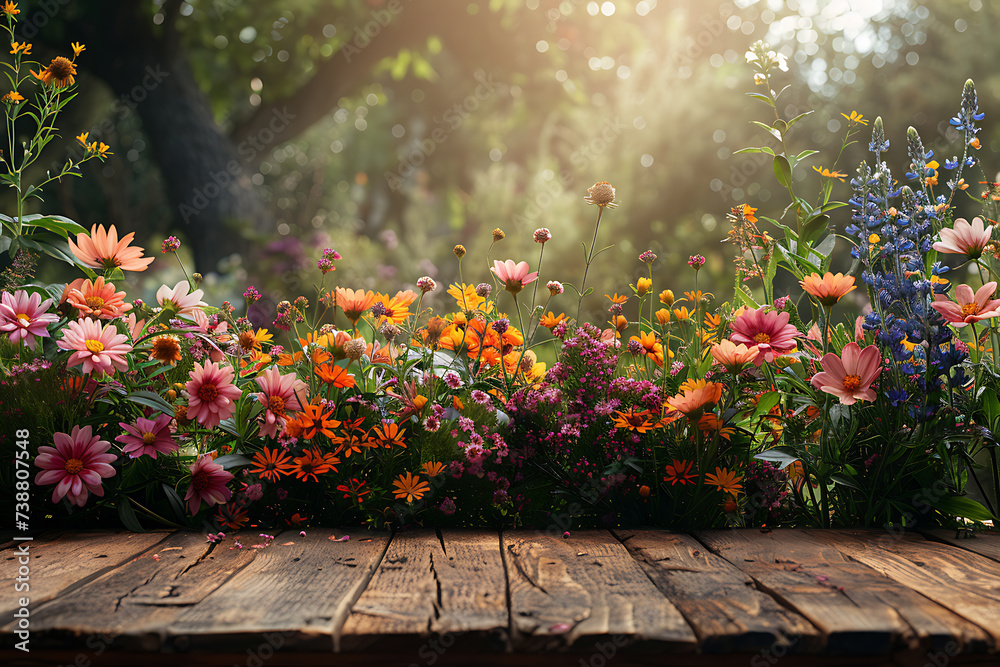 Flowers background, Garden flowers over wooden table background.
