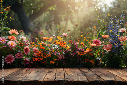 Flowers background  Garden flowers over wooden table background. 