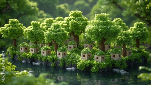 a small island with trees and buildings