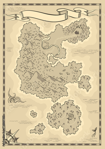 Old antique treasure map. Cartoon island map template for next level game - adventures quest or treasure hunt. Pirate grunge map. Hand drawn vintage illustration