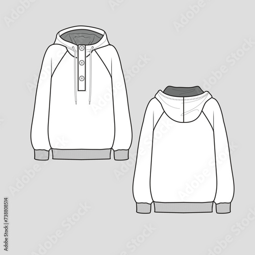 Raglan Button panel Hoodie Long Sleeve Ribbed cuff hem winter Fashion technical drawing  flat sketch vector template