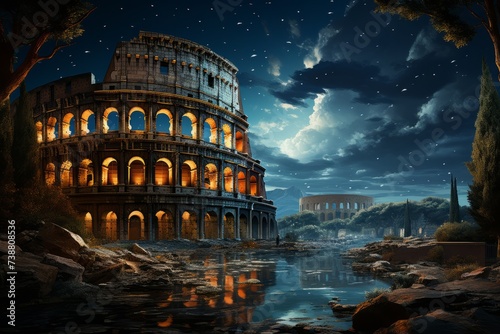 The Colosseum is illuminated at night, casting a reflection in the water