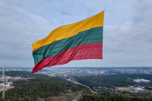 Konstfotografi Aerial winter view of huge Lithuanian flag, Independence Day, Vilnius TV Tower,