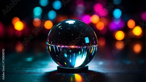 Crystal ball sphere for light refraction with a black background and an abstract, colorful lens flare booked, Wide-reaching web banner for Light Refraction