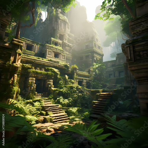 Ancient ruins in a lush jungle. 