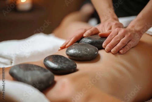 A woman indulges in an indoor hot stone massage  her hand relaxed as the heated stones soothe her tense muscles and her nails glisten in the warm light