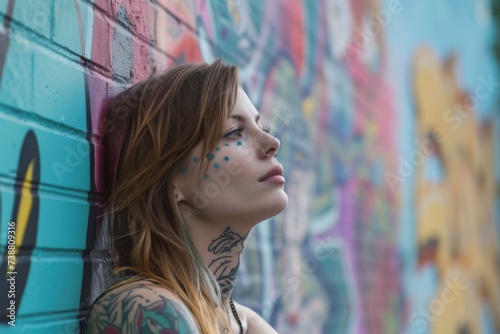 Artistic Portrait of Tattooed Woman Against Graffiti Wall, Urban Style