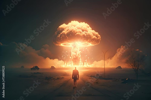 A man stands on the background of a nuclear explosion after dropping a nuclear bomb